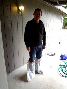 Jeremy's way of keeping his shoes dry!