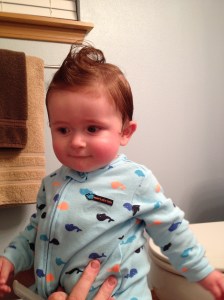 The whale jammies have been marked by this epic illness. On the bright side, doesn't Owen have great hair?