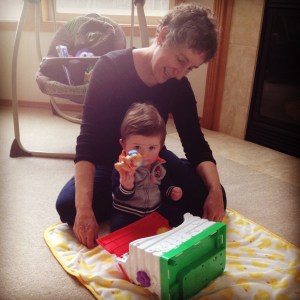 Checking out some new toys at Grandma's house