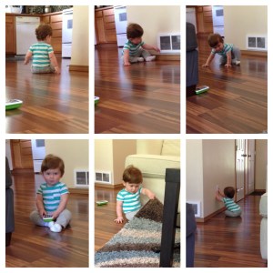 He started in the family room with me in the center of the rug.