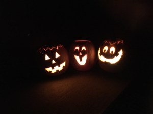 All lit up - Amy's pumpkin, Owen's pumpkin and Jeremy's pumkin. This might be the best pumpkin I've ever done!