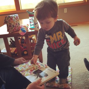 Opening his first Easter gifts at Grandpa & Grandma's house