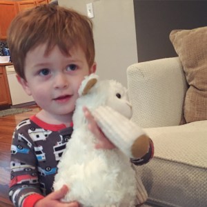 Owen and his new Lamby. My parents got Lamby a twin. We are breaking in the new guy now and then we'll switch them back and forth for even wear and tear!