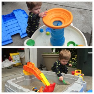 Enjoying his new sand box and water table. So much fun to be had! 