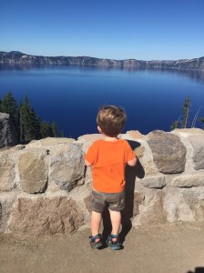 Owen looking at ba boat aka Crater Lake