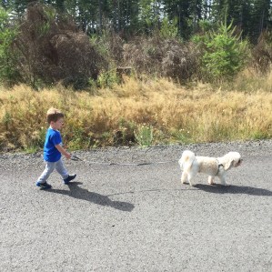Such a big boy - taking the dog for a walk!